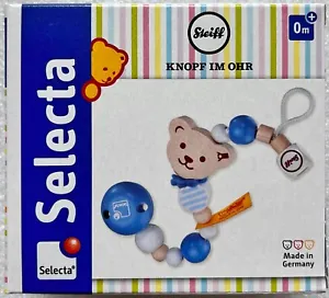 Steiff Bear Selecta Button Ear Dummy Chain Blue Baby Toy Wooden Toy 64303 - Picture 1 of 12
