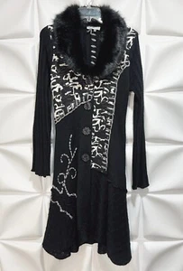 Keren Hart Sz M Long Duster Sweater Cardigan Black Faux Fur Collar NWT NEW - Picture 1 of 23
