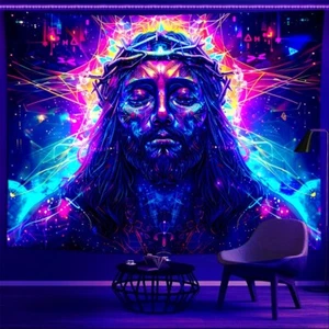 Blacklight Jesus Tapestry Trippy Psychedelic UV Reactive Wall Hanging 90x70in - Picture 1 of 5