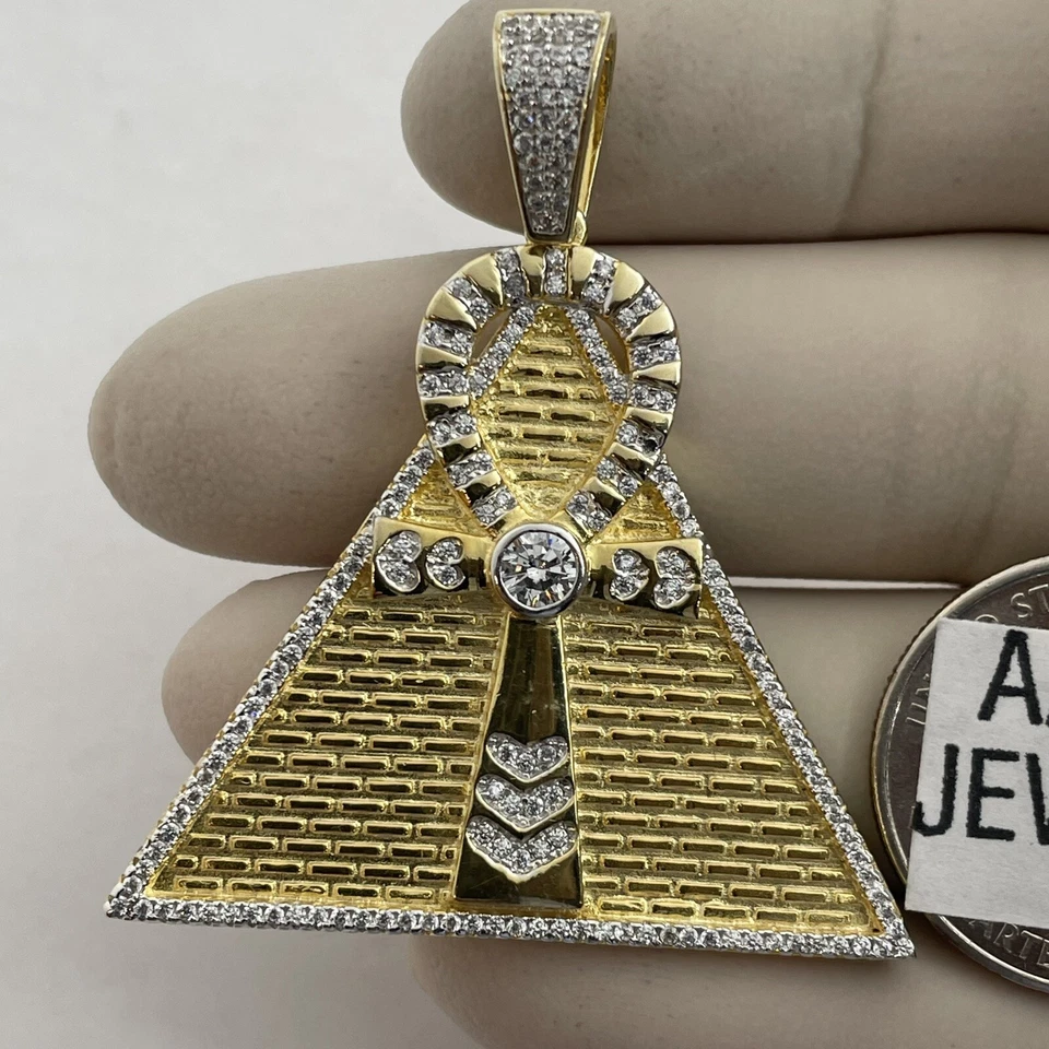 Men  925 Solid Sterling silver Cubic Zirconia Pyramid Ankh Cross Pendant - Imagem 1 de 1
