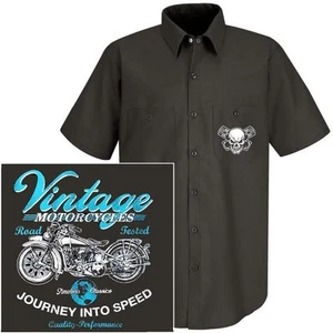 VINTAGE TIMELESS CLASSIC V-TWIN MOTORCYCLE RIDER BIKER SKULL MECHANIC WORK SHIRT - Picture 1 of 12