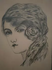 Drawing Portrait Pencil Decor Young Spanish Gypsy Woman Antique - Picture 1 of 10