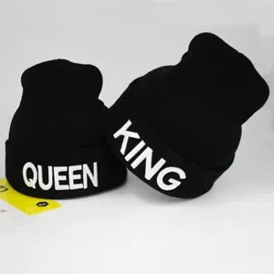 2PCS KING & QUEEN Black with White Embroided Beanie Knitted Hip-Hop Fashion Hats - Picture 1 of 17