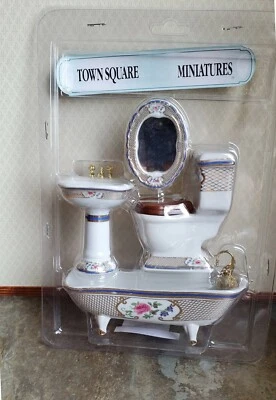 Dollhouse Bathroom Set White Gold Blue Porcelain Tub Toilet Sink 1:12 Scale - Image 1 of 2