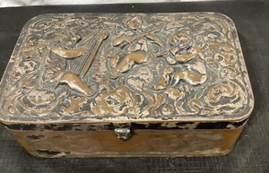 Antique Cherub Copper Silver Plated Jewelry Trinket Vanity Cigar Box With Relief - Picture 1 of 11