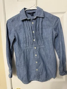 Polo Ralph Lauren Blue Chambray Denim Pleated Button Up Shirt Girls Size 8 - Picture 1 of 3