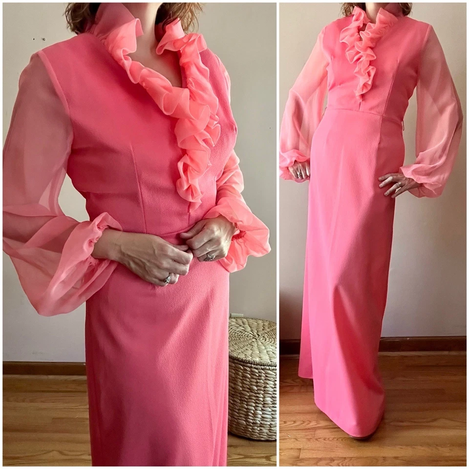 Maxi Vestido Hippie Vintage Años 70 Coral Rosa Volantes Manga Bishop Transparente Foto 1 de 4