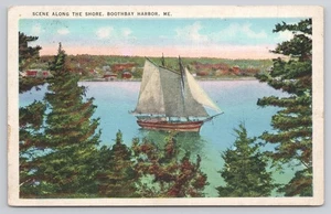 Scene Along the Shore Sail Boat Boothbay Harbor ME Maine 1937 Postcard - Picture 1 of 2