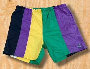 Vintage 90s Nautica Medium Color Block Stripes Purple Yellow Shorts Swim Trunks - Picture 1 of 13