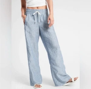 Athleta Women’s Cabo Linen Wide Leg Pants 6 Tall Chambray Elastic Pockets 33” - Picture 1 of 10