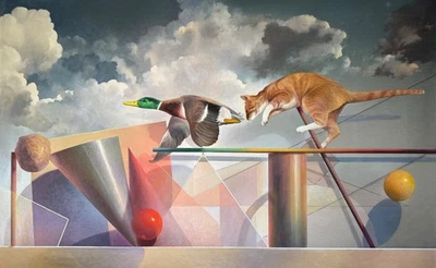 Cat Chasing a Drake oil acrylic painting on canvas Yasami signed 38" x 60" - Image 1 of 3