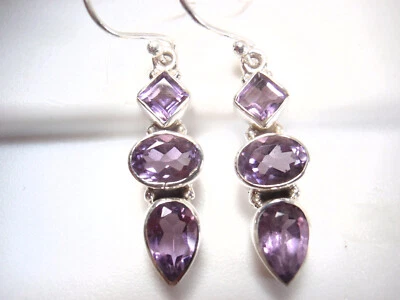 Faceted Amethyst Triple-Gem 925 Sterling Silver Dangle Earrings - Image 1 of 4