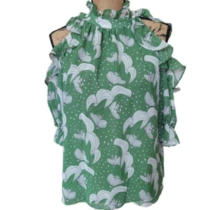 NWT Max Studio Georgette Cold Shoulder Green Ruffle Top Floral Design Size S - Picture 1 of 9