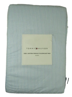 Juego de 2 fundas de almohada Tommy Hilfiger algodón blanco/azul rayas estándar/queen Foto 1 de 4