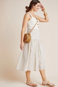 NEW ANTHROPOLOGIE Sz 4 EVONNA STRIPED BUTTON MIDI SKIRT IN NEUTRAL BEIGE - Picture 1 of 5