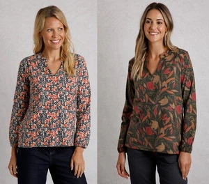 Weird Fish Women Floral Notch Neck Blouse Organic Cotton Long Sleeve Tshirt 8-22 - Picture 1 of 11