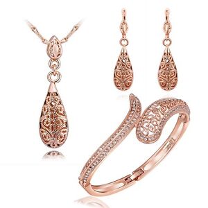 New 18K Rose Gold Filled Antique Style Filigree Necklace Bracelet & Earrings Set