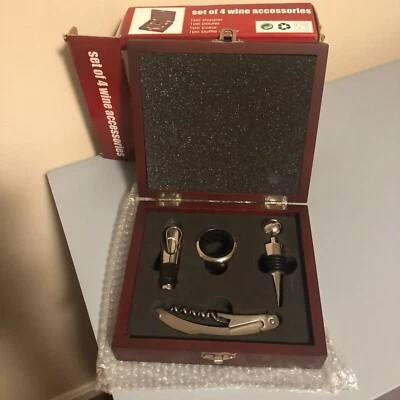 Wooden Box Set Of 4 Wine Accessories Set - BRAND NEW - READ BELOW - Image 1 of 4