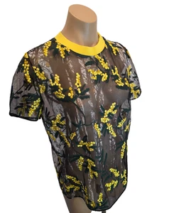 VIONNET Top Negro Manga Corta Transparente con Flores Amarillas, Negras y Verdes - 40 - Imagen 1 de 6