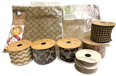 Burlap Lot 4 Sheets of Burlap 7 Ribbons Varied Widths Lengths New & Used Crafts - Image 1 of 4