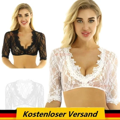 Damen Sexy Spitze Dirndlbluse 3/4 Arm Trachten Bluse Oktoberfest Wrap Crop - Bild 1 von 4