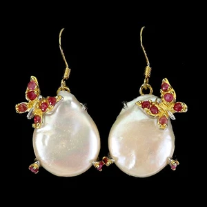 925 Sterling Silver Earrings Round Ruby 2mm Pearl Butterfly Gemstone Jewelry - Picture 1 of 13