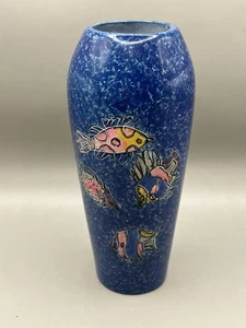 Handgeschnitzte schwere blaue Specksteinvase mit bunten Fischen Kenia Afrika 8 Zoll - Bild 1 von 10