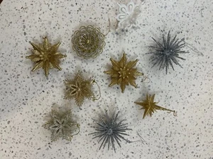 Vtg XMAS Ornaments  Plastic Sputnik Star Flower Atomic LOT 9 Gold Silver MCM 3D - Picture 1 of 14