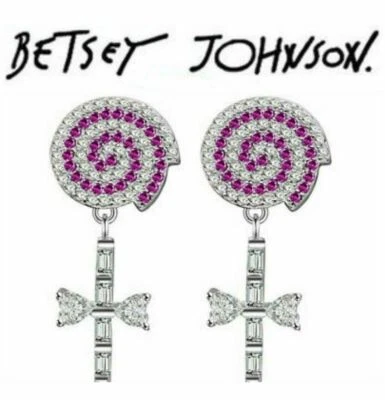 Vendedor de Estados Unidos Betsey Johnson Rosa Cristal Cruz Piruleta Pendientes Colgantes Joyería Foto 1 de 4