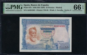 Spain 25 Pesetas 1936 - 1938 P-87 PMG Gem Unc 66 EPQ - Picture 1 of 2