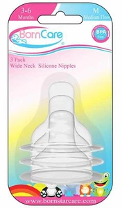 BornCare Wide Neck Silicone Nipples, Medium Flow, 3-6 Months, 3 Piece - Picture 1 of 1