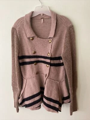 Suéter Cárdigan Free People Mezcla Lana/Lino Tostado y Negro Rayas M Foto 1 de 4