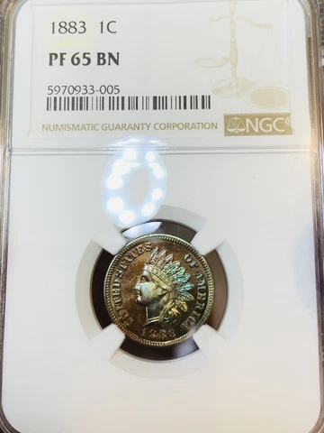 NGC PF-65 BN 1883 Indian Head Cent, Beautifully Rainbow Toned Proof Cover