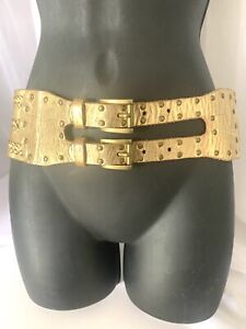 Vintage Calvin Klein Wide GOLD metallic Stud woven Leather Double Buckle belt S