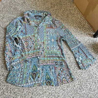 Blusa Arrugada Multicolor Estilo Años 90 Y2K Talla XL Top Mangas 3/4 Botón Delantero De Colección Foto 1 de 4