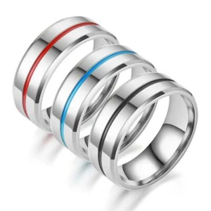 Anillo de compromiso esmaltado azul/rojo/negro con correa de acero titanio plateado de 8 mm talla 6-12 - Imagen 1 de 10