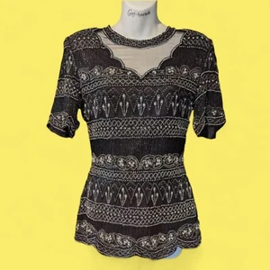 VINTAGE PERLEN BLUSE schwarz Seide tailliert Top transparent Netzausschnitt 80er S 3B - Bild 1 von 8