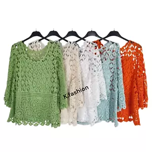 Damas Italiano Extravagante 2 Piezas Crochet Lagenlook Informal Verano Túnica Top Algodón - Imagen 1 de 35