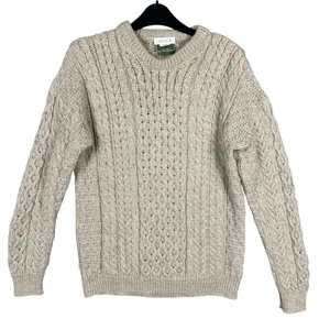 Avoca S Tan 100% Pure New Wool Cable Knit Pullover Sweater Fisherman Irish Relax - Picture 1 of 10