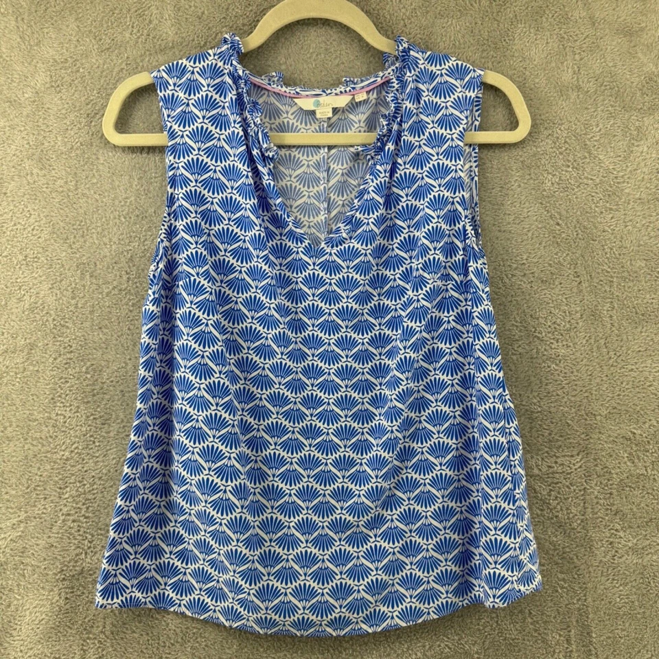 Camiseta sin mangas Boden Top para mujer US8 azul blanco estampado pulóver con volantes cuello en V Foto 1 de 4