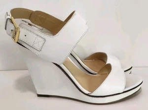 Guess Ladies WGJAZMINN Wedge High Heel White Strappy Summer Sandals Buckle 9.5 M - Picture 1 of 7