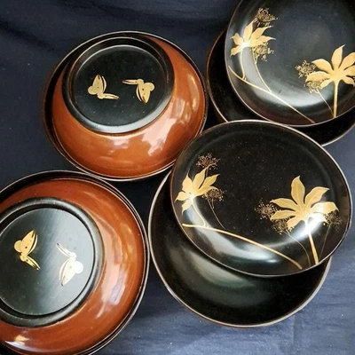 Wajima Lacquer Bowl Set Gold Maki e 4 Piece Antique Meiji Era Hand Crafted - Image 1 of 4