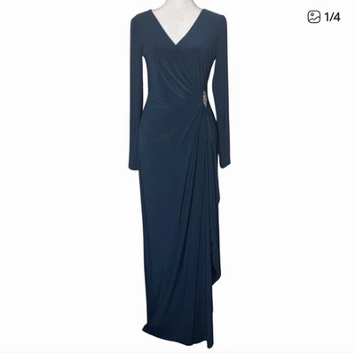 Lauren Ralph Lauren Teal Evening Gown with Brooch Size 4  Long Sleeve Draped - Image 1 of 4