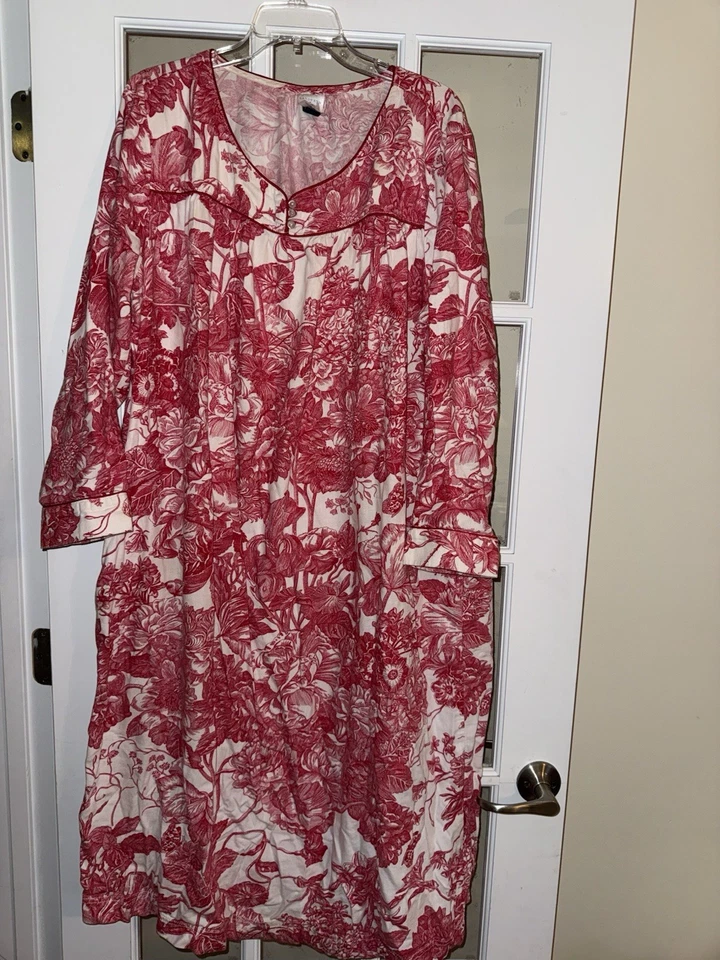 Camisón Lands End 100 % algodón tejido manga larga rojo blanco floral mujer 1X 16/18 Foto 1 de 4