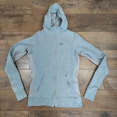 Nike Mujer Gris Suéter Pequeño Adulto Cremallera Completa Bolsillos Sudadera con Capucha Dri Fit Foto 1 de 4