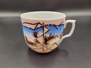 Antique Nepon Japan Cup Handpainted Winter Cabin Scene Pink Snow Birds *damage* - Picture 1 of 9