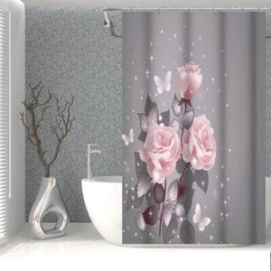 Floral Shower Curtain Pink Rose Stylish Bath Curtain with Printted Pattern Gr... - Picture 1 of 7