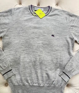 ETRO Milano Pullover Wool Knit Logo Crew Neck Light Gray Sweater Men's XXL Size - Picture 1 of 5