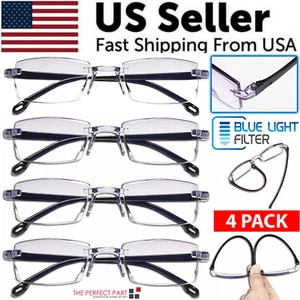4 PK Mens Rectangular Rimless Blue Light Blocking Reading Glasses Unisex Readers - Picture 1 of 24