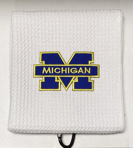 Michigan Wolverines Golf Towel, 12 x 20, with carabiner, White Cover